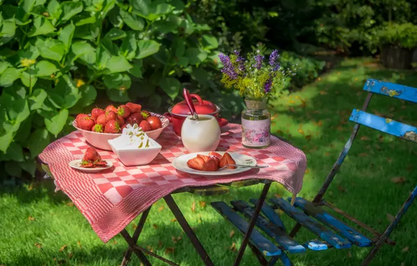 Picture summer, flowers, berries, table, strawberry