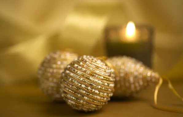 Picture gold, balls, candle, Christmas decorations