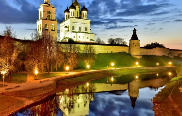 Picture landscape, the city, reflection, river, the evening, lighting, Pskov, Chrome