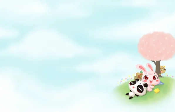 Tree, mood, minimalism, anime, art, Panda, picnic, bird