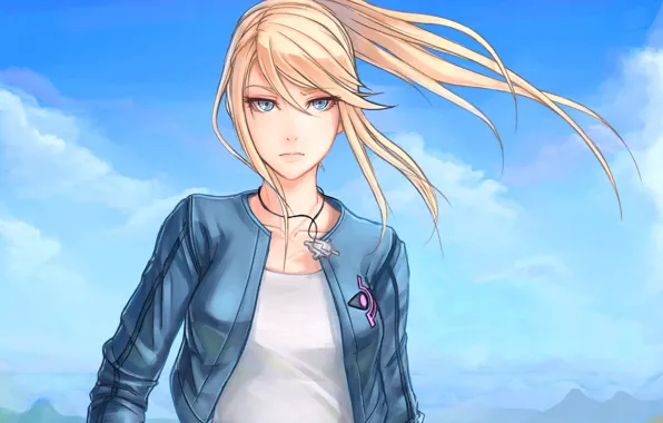 Picture girl, the wind, art, jacket, pendant, ponytail, Samus Aran, Metroid