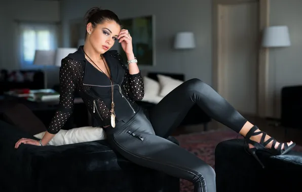 Girl, room, interior, makeup, figure, brunette, hairstyle, shoes