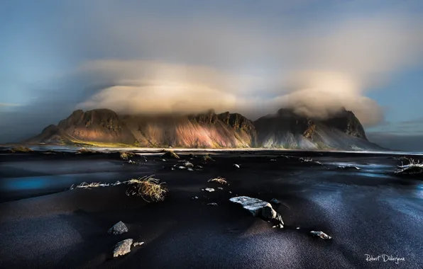 Beach, the sky, clouds, mountains, fog, Iceland, Stones