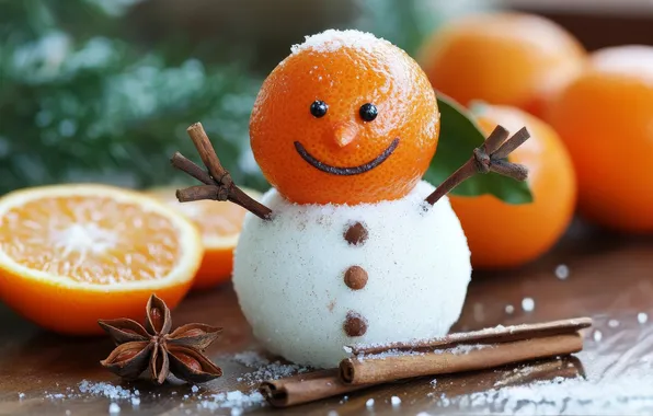 Oranges, Christmas, New year, snowman, cinnamon, needles, twigs, AI art