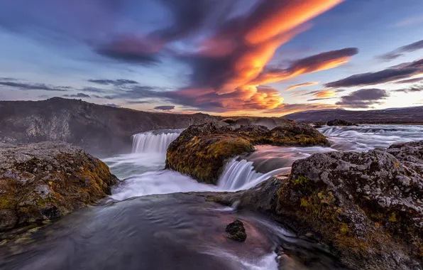 Picture the sky, sunset, waterfall, Iceland