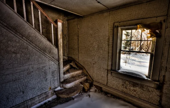 Picture snow, room, window, ladder, the ruins