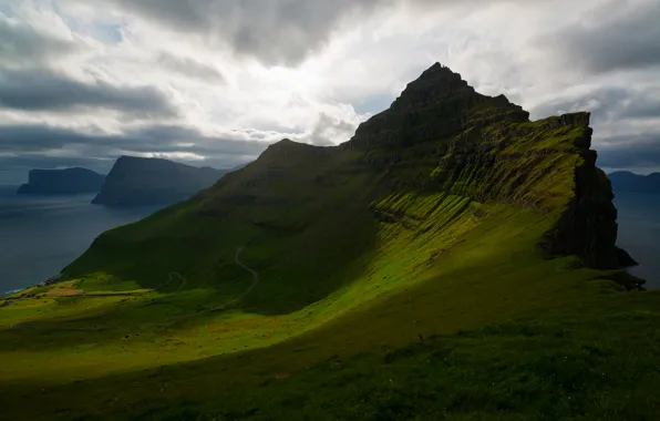 Picture greens, the sky, clouds, mountains, clouds, slope, The Atlantic ocean, Faroe Islands