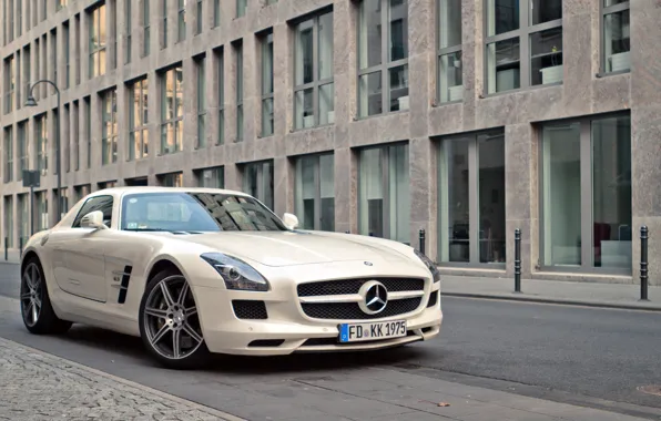 Picture white, street, white, mercedes, Mercedes, benz, sls, amg