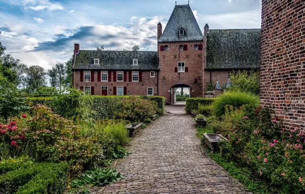 The sky, clouds, trees, flowers, castle, garden, Netherlands, the bushes