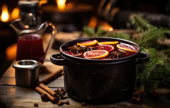 The dark background, table, oranges, Christmas, New year, pan, drink, cinnamon