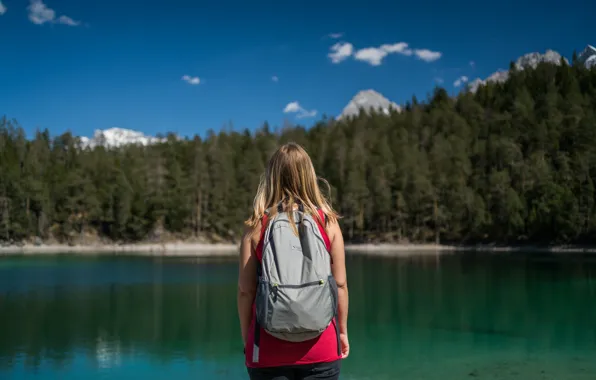 Girl, mountains, lake, Austria, Tyrol, Reutte District