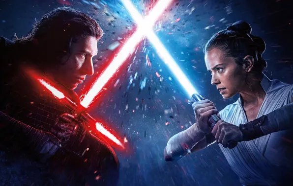 Girl, the opposition, guy, lightsabers, Star Wars Episode IX The Rise of Skywalker