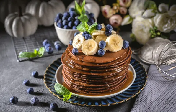 Flowers, berries, table, roses, blueberries, plate, bananas, pumpkin
