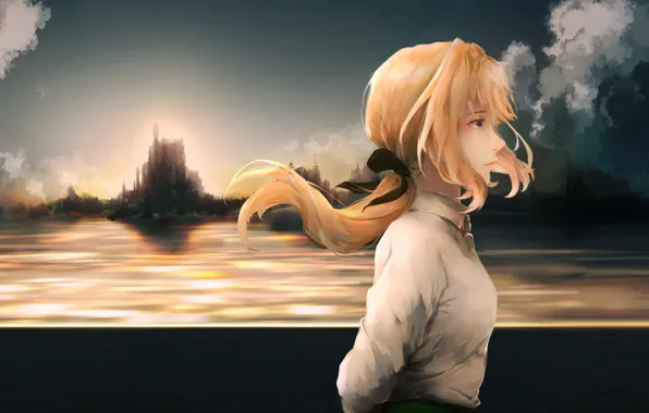 Girl, sunset, horizon, Violet Evergarden