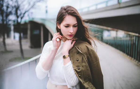 Picture girl, the city, hair, watch, city, blouse, lips the wind