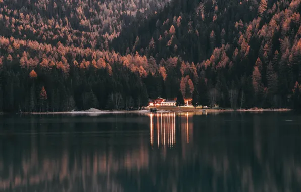 Water, Nature, Reflection, The evening, Lake, Trees, Mountain, Forest