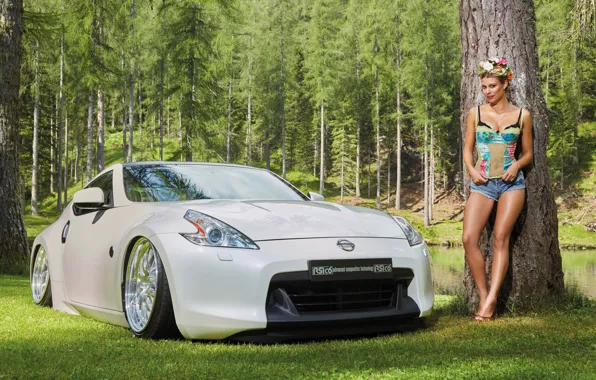 Picture greens, look, Girls, Nissan, beautiful girl, white car, posing on the car, Vanessa Schmitt