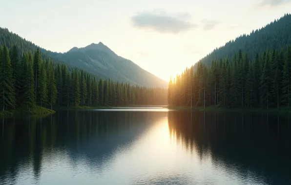 Forest, the sky, the sun, landscape, mountains, nature, lake, reflection