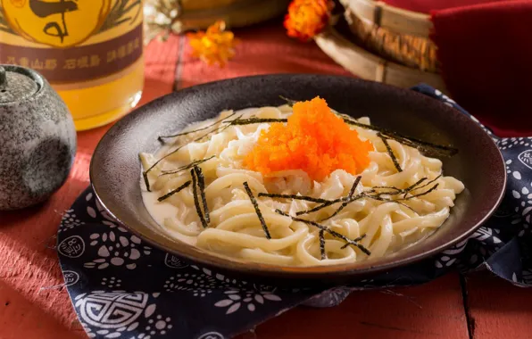 Caviar, napkin, noodles