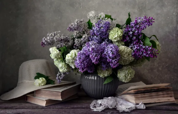 Flowers, table, books, bouquet, hat, vase, white, still life