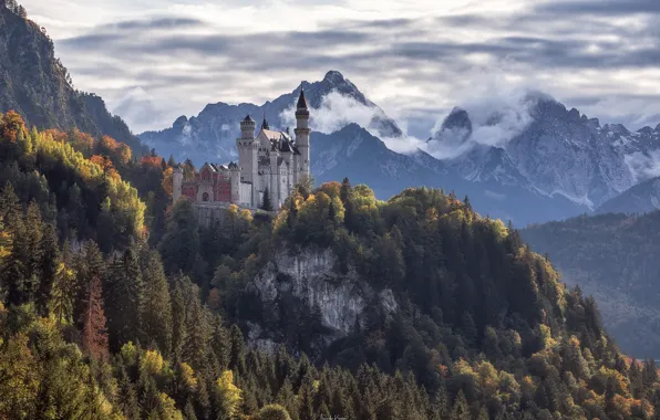 Picture autumn, forest, mountains, rock, castle, Germany, Bayern, Germany