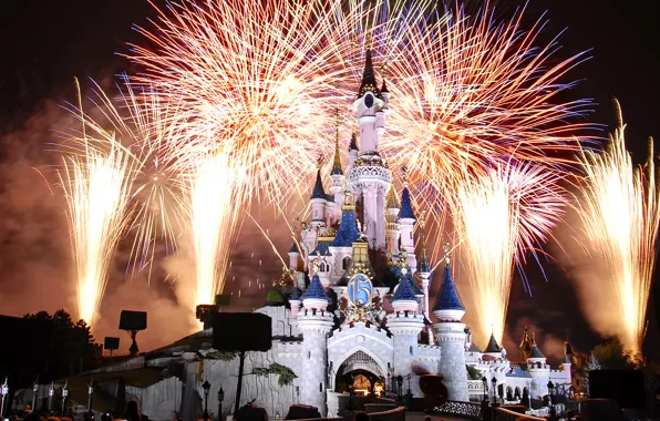 Castle, France, Paris, Night, fireworks, Paris, Disneyland, France