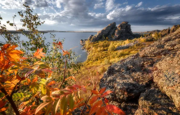 Autumn, the sky, the sun, river, rocks, Paul Kalinenko