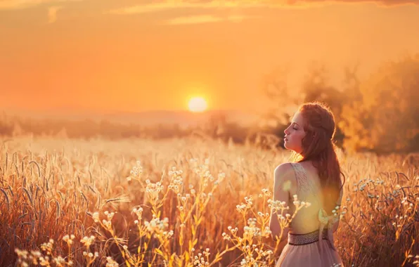Field, the sun, dress, the red-haired girl
