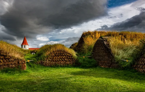 Picture greens, grass, clouds, glade, building, Ireland, hill