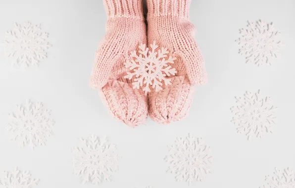 Winter, snow, snowflakes, pink, winter, mittens, snow, hands