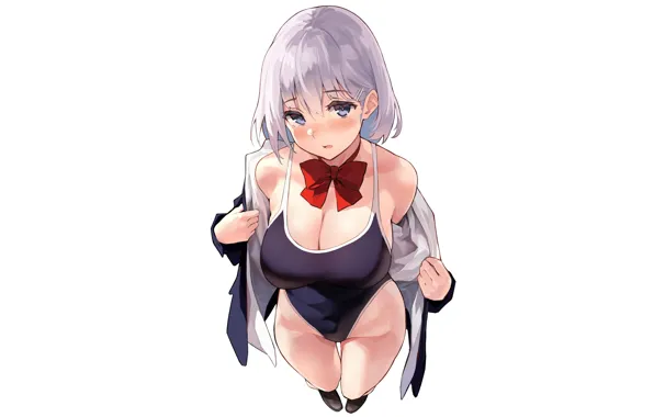 Girl, sexy, cleavage, boobs, anime, beautiful, short hair, purple eyes