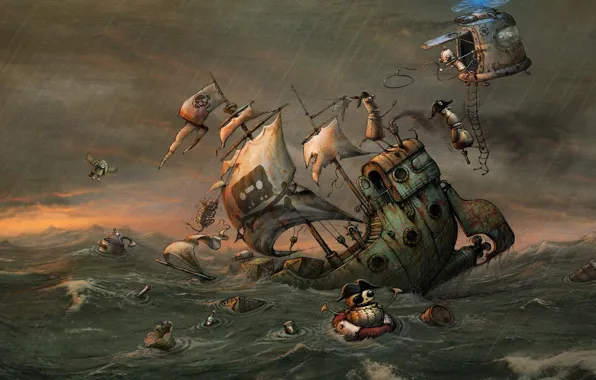 Sea, storm, ship, robot, art, pirates, helicopter