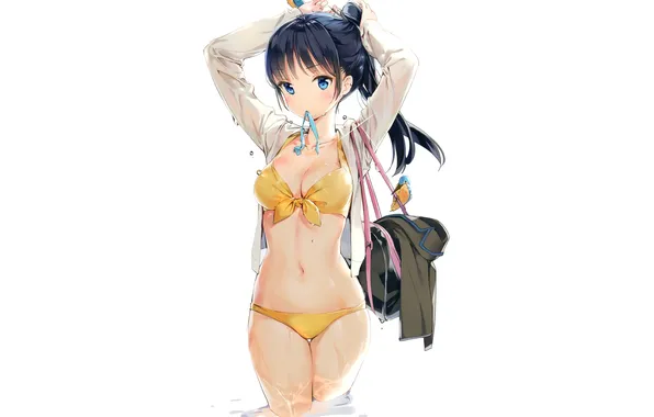 Swimsuit, girl, birds, clothing, wet, anime, tape, white background