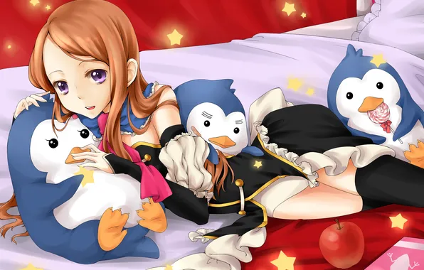 Girl, smile, apples, toy, bed, sweets, art, Mawaru Penguindrum
