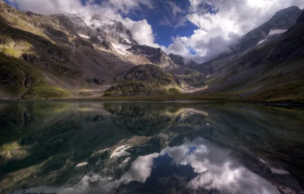 The sky, water, mountains, clouds, lake, reflection