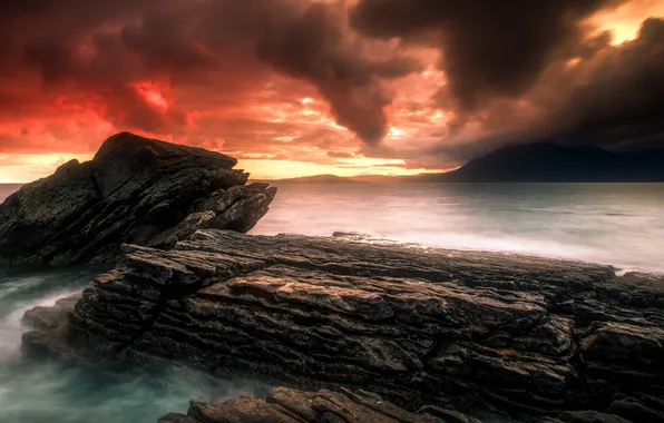 Sea, clouds, sunset, mountains, rocks, Bay