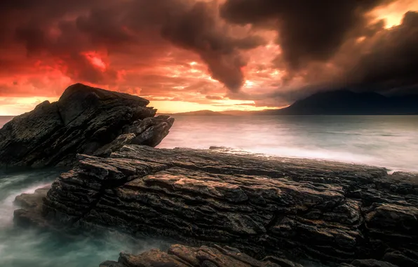 Picture sea, clouds, sunset, mountains, rocks, Bay