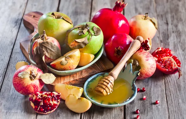 Apples, grain, honey, honey, slices, garnet, dry leaves, apples