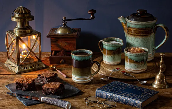 Picture style, coffee, glasses, pie, knife, mug, lantern, book
