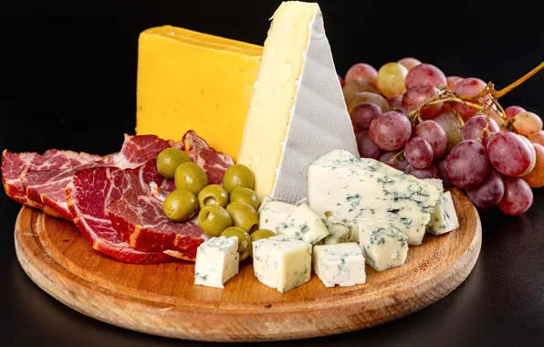 Cheese, grapes, meat, olives, grapes, cheese