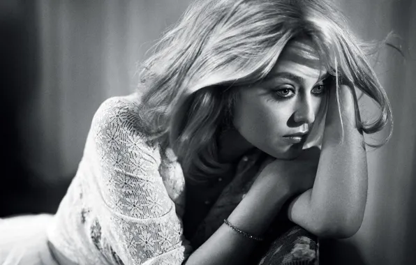 Picture pose, photo, dress, actress, hairstyle, blonde, black and white, sitting