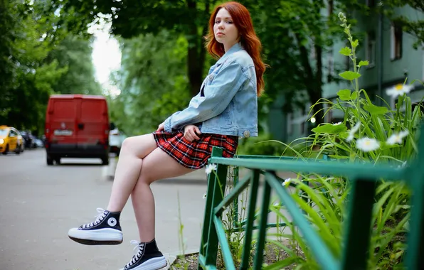 Girl, sneakers, skirt, red, legs, dzhinsovka, Igor Kulikov