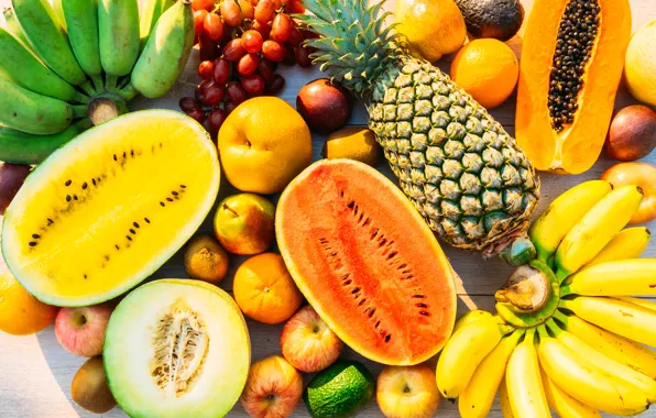 Berries, watermelon, bananas, Fruit, pineapple, melon