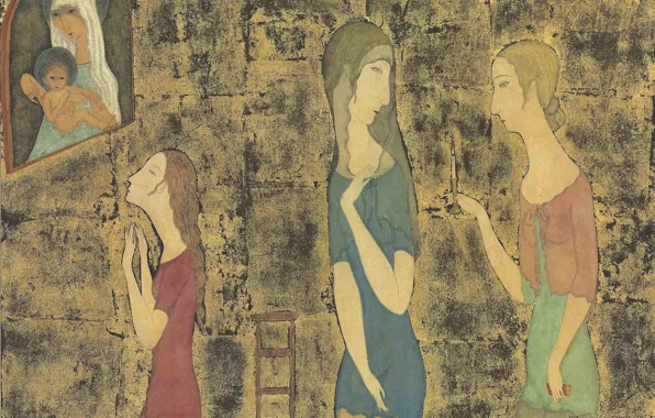 Watercolor, brush, 1917, Tsuguharu, Fujita, Madonna and the three ladies, pen and ink and gold …