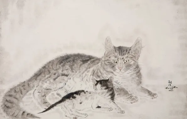 Black and white, 1932, Tsuguharu, Fujita, Cat with kitten