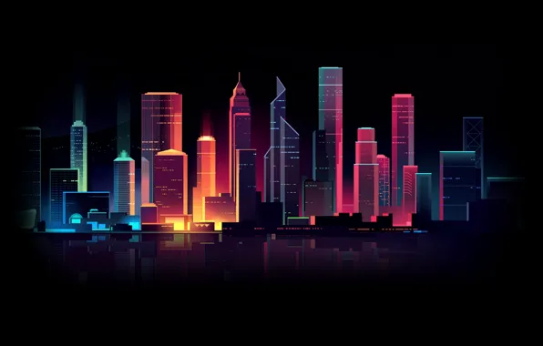 Picture city, the city, lights, lights, minimalism, skyscrapers, Neon, black background