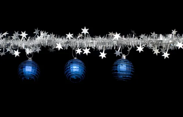 Blue, holiday, black, balls, new year, Christmas, silver, stars