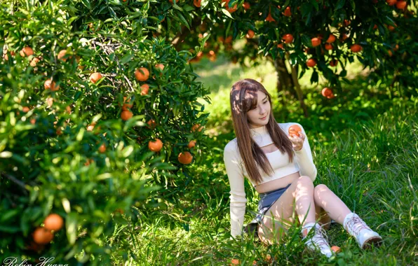 The sun, pose, model, skirt, portrait, oranges, makeup, figure