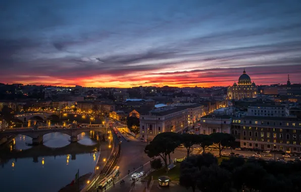 Sunset, the city, river, building, home, the evening, Rome, panorama