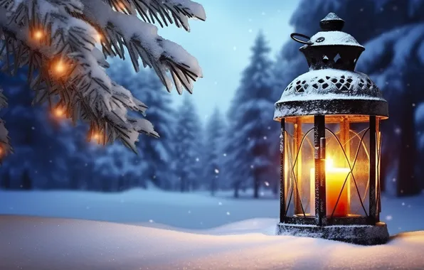 Picture winter, snow, night, Christmas, lantern, New year, Christmas, night